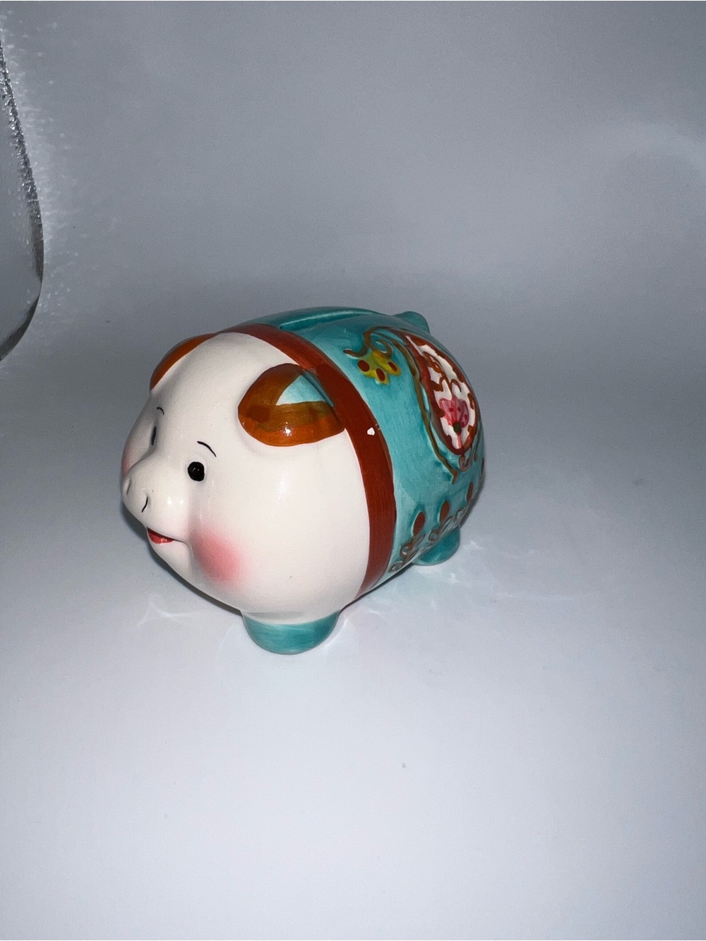 Ceramic Piggy Bank Figurine in Turquoise and White